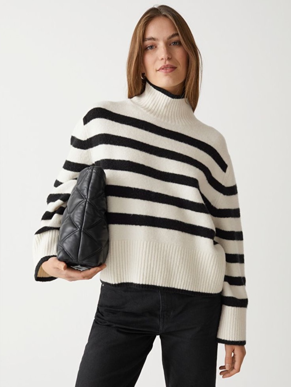 & Other Stories Striped Black and Cream Turtleneck Sweater Wool Blend Boxy XS